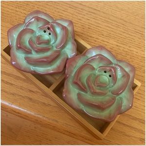 Succulent Ceramic Salt & Pepper Set | Bamboo Tray